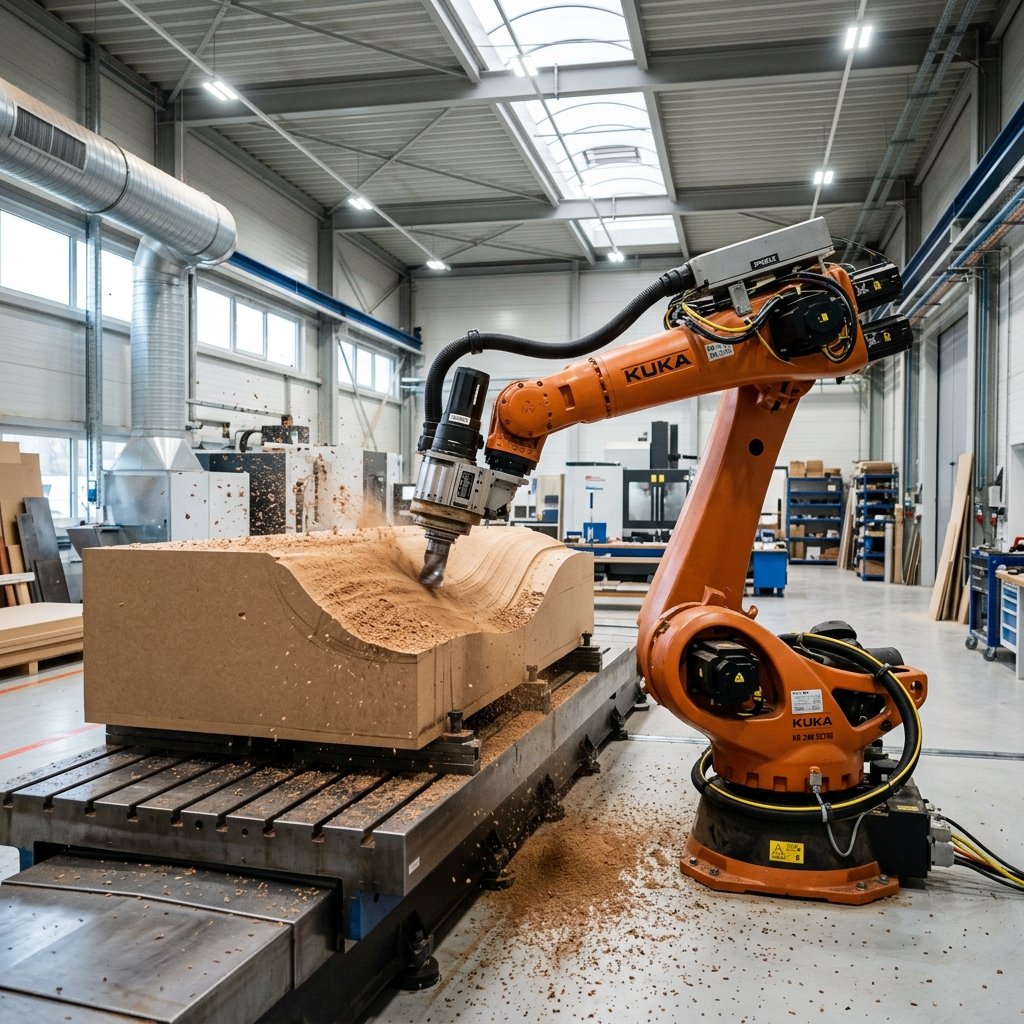MADOREX 7 eksenli robotik CNC işleme — endüstriyel robot koluyla büyük ölçekli MDF plug model frezeleme operasyonu
