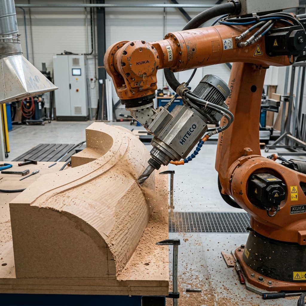 7 eksenli endüstriyel robot koluyla büyük ölçekli parça üzerinde robotik CNC frezeleme işlemi